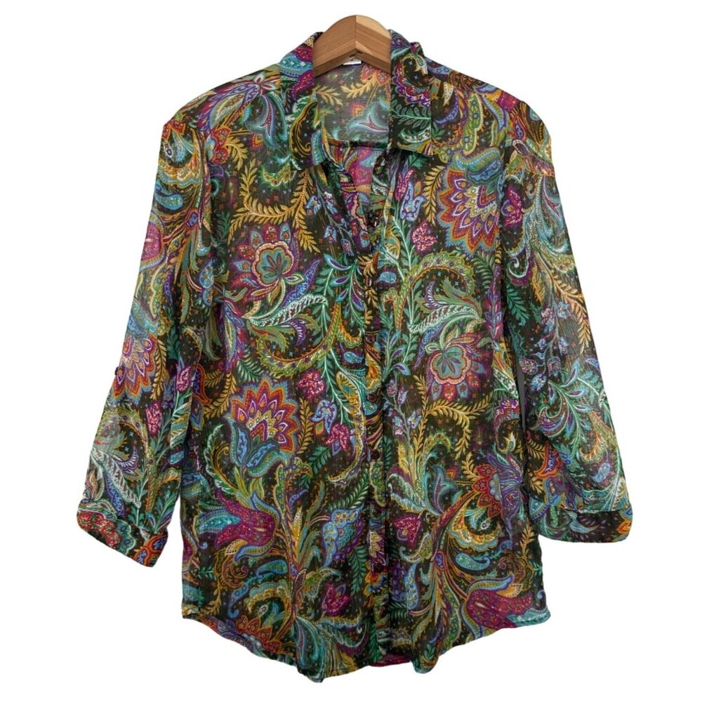Hannah Women Top Sz M Paisley Boho Sheer Artsy Colorful LS Button Up FairyGrunge